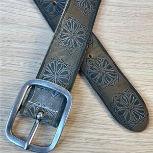 Fabio Corti Genuine Leather Belt Geometric Floral Embossed Silver Buckle Women L